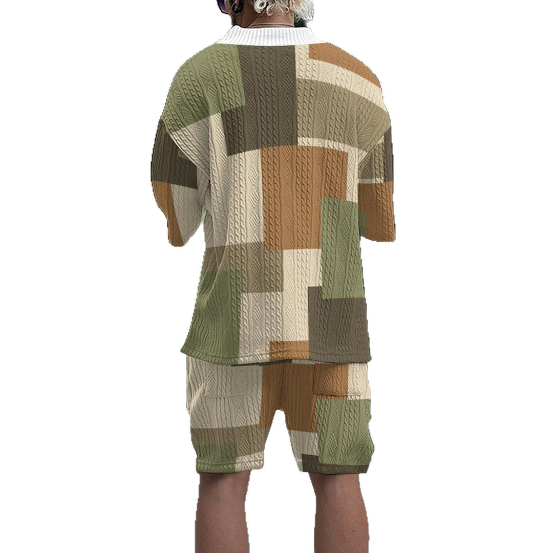 Herren lässiges Kombination aus V-Ausschnitt-T-Shirt und Shorts im modernen Patchwork-Design Echoarchiv