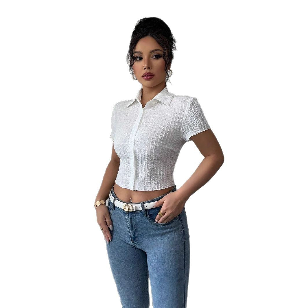 Damen nan taillierte bauchfreie Kurzbluse mit Kreppstruktur Hemdkragen und Knopfleiste Echo Archiv