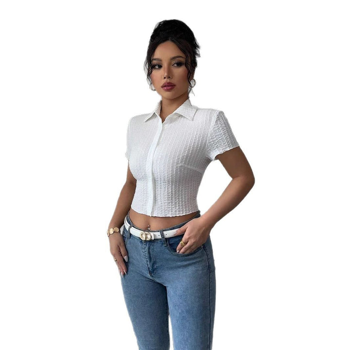 Damen nan taillierte bauchfreie Kurzbluse mit Kreppstruktur Hemdkragen und Knopfleiste Echo Archiv