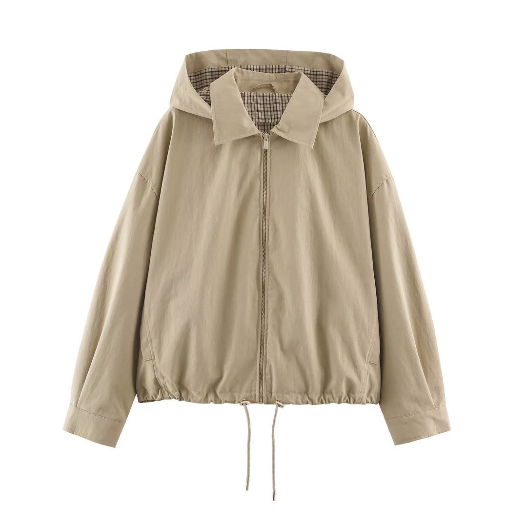 Damen Leichte Kapuzenjacke im Cropped-Oversize-Schnitt mit Tunnelzugsaum und verdecktem Reißverschluss Echoarchiv