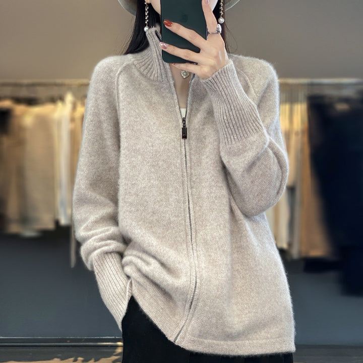 Damen Zip-Cardigan im Kaschmir‑Look mit Stehkragen und gerippten Bündchen Echoarchiv