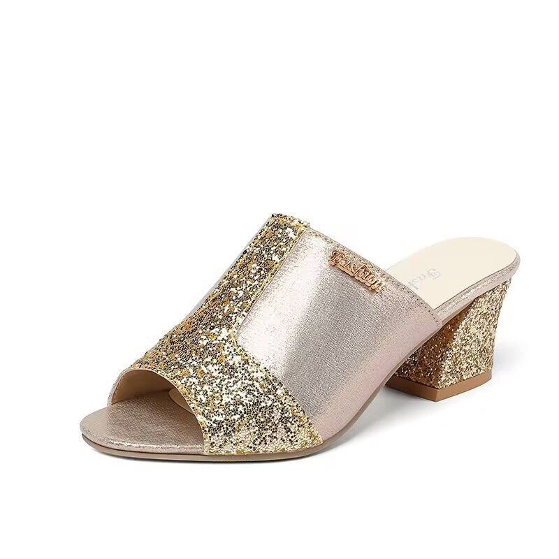 Damen nan elegante offene Pantolette mit feinem Netz, funkelnden Applikationen und mittelhohem Blockabsatz Echo Archiv