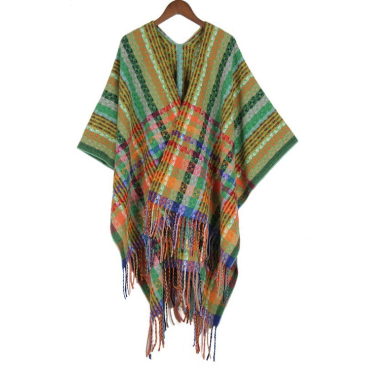 Damen Mehrfarbiger Web‑Poncho im Boho‑Patchwork‑Design mit Fransen Echo Archiv
