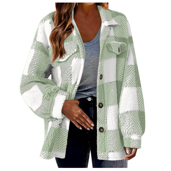 Damen nan kuschelige Sherpa-Karo-Übergangsjacke mit Brusttaschen und großzügigem Oversize-Schnitt Echo Archiv