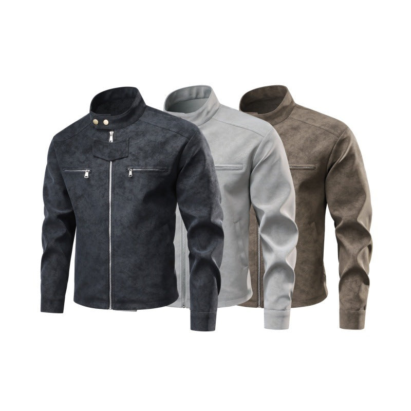 Herren Velourslederoptik-Bikerjacke mit Stehkragen, Brustreißverschlusstaschen & verdeckter Druckknopfblende Echoarchiv