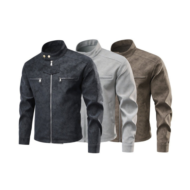 Herren Velourslederoptik-Bikerjacke mit Stehkragen, Brustreißverschlusstaschen & verdeckter Druckknopfblende Echoarchiv
