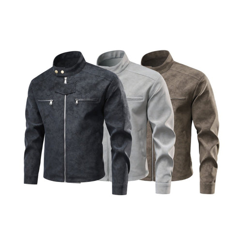 Herren Velourslederoptik-Bikerjacke mit Stehkragen, Brustreißverschlusstaschen & verdeckter Druckknopfblende Echoarchiv