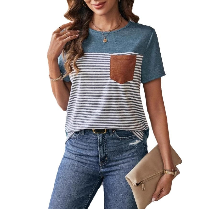 Damen Trendiges T-Shirt mit gestreiftem Design und Leder-Tasche Echo Archiv