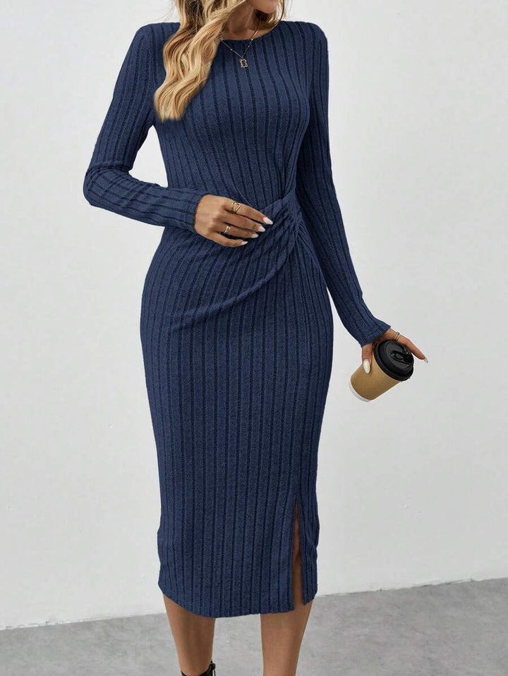 Damen Gerippetes Midikleid aus Feinstrick mit gedrehtem Taillendetail Echoarchiv