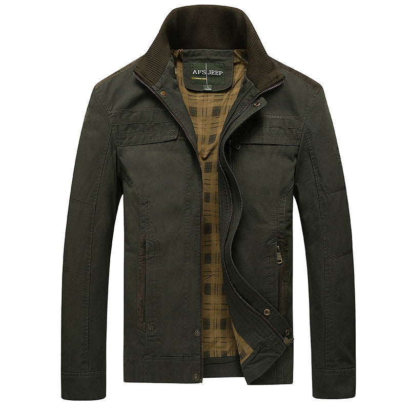 Herren Canvas-Übergangsjacke mit Rippenkragen, verdecktem Reißverschluss und kariertem Innenfutter – Taviero