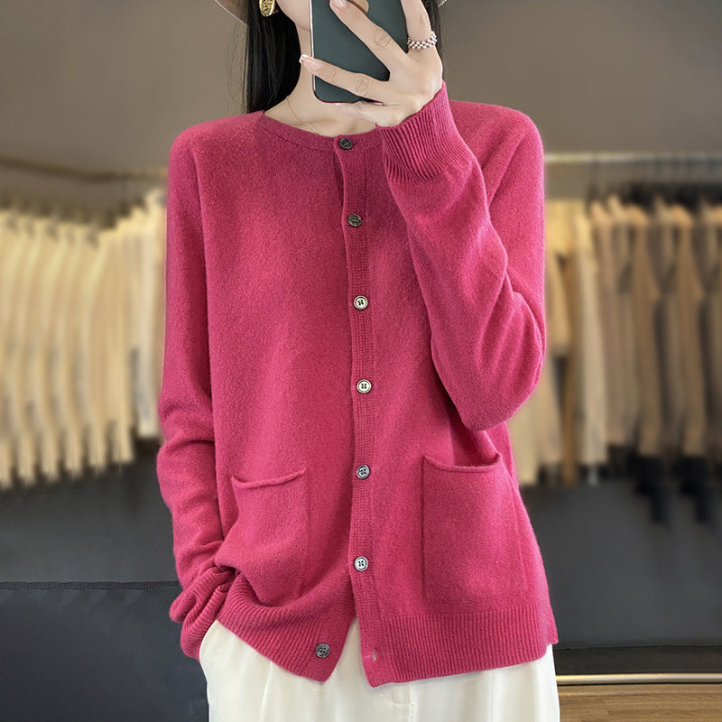 Damen Langer Feinstrick-Cardigan mit Rundhalsausschnitt, Eingrifftaschen und Alpaka-Mix Echoarchiv