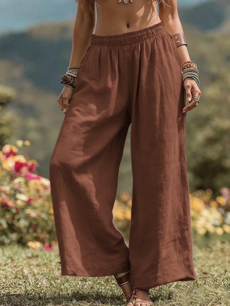 Damen Weite Leinenoptik Palazzo‑Hose mit elastischem Bund und Taschen Echoarchiv