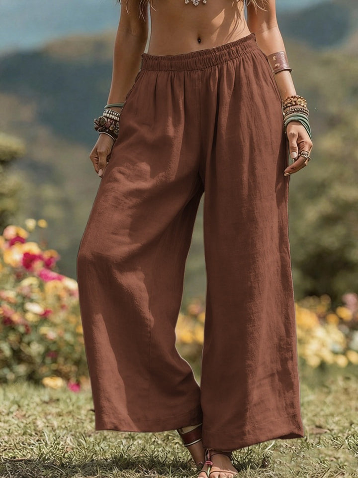 Damen Weite Leinenoptik Palazzo‑Hose mit elastischem Bund und Taschen Echoarchiv