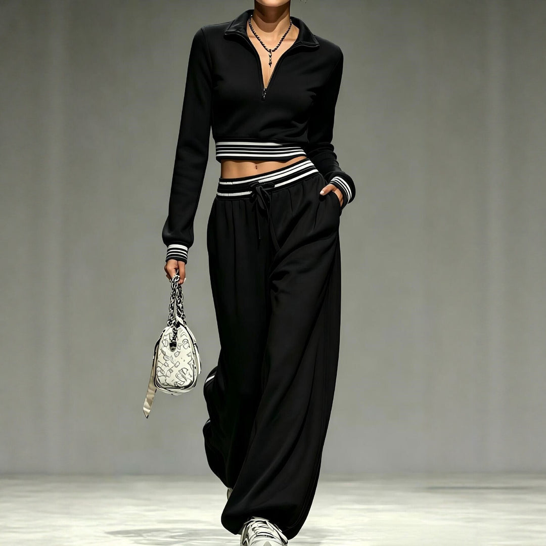Damen Cropped-Trainingsset mit halbem Reißverschlusskragen und weitem Bundfalten-Jogger Echoarchiv