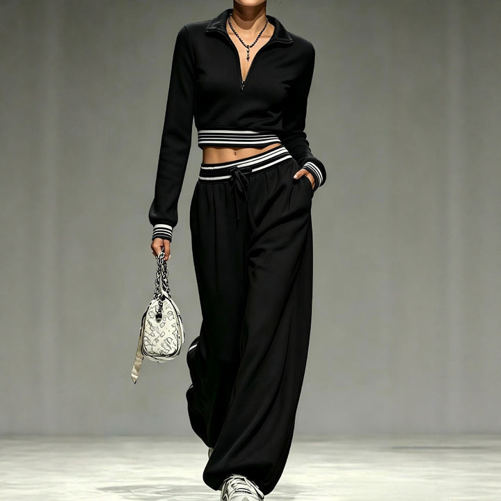 Damen Cropped-Trainingsset mit halbem Reißverschlusskragen und weitem Bundfalten-Jogger Echoarchiv