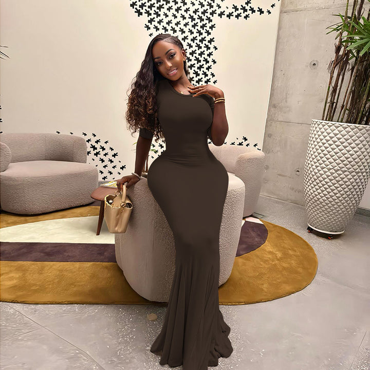 Damen figurbetontes Maxikleid mit Trompetensaum und Dreiviertelärmeln – Avérine