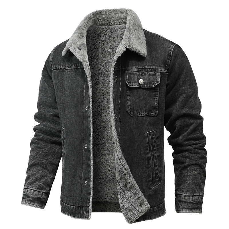 Herren gewaschene Denim-Workerjacke mit Teddyfutter und eingelassenen Seitentaschen Echoarchiv