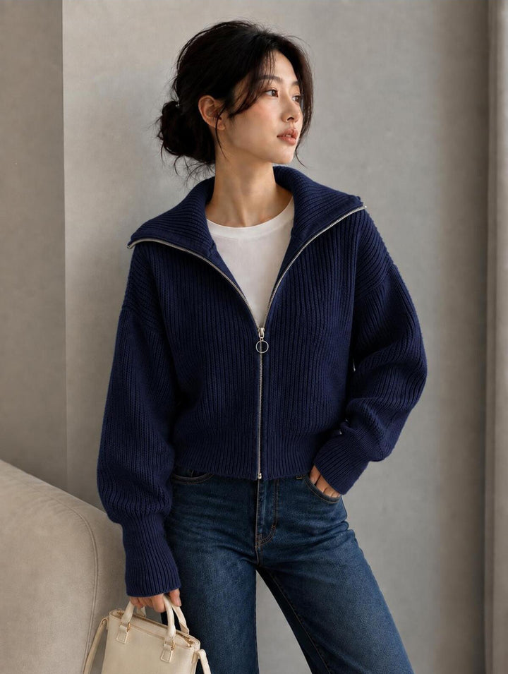 Damen Oversize Strickjacke mit Reißverschluss und hohem Kragen Echoarchiv