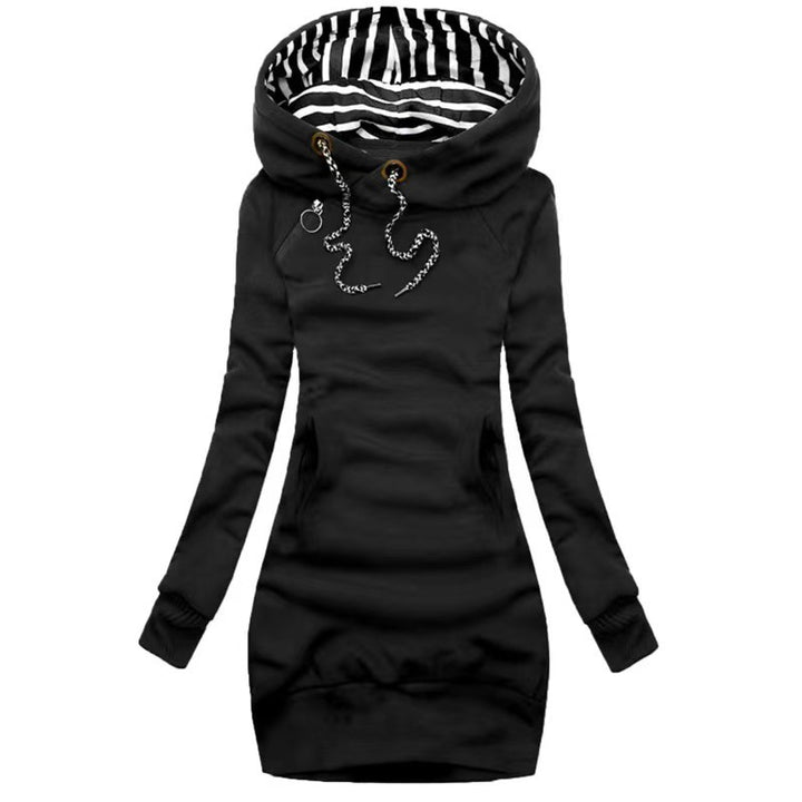 Damen Hoodie-Midi-Kleid mit weitem Funnel-Neck, gestreifter Innenseite und Kängurutaschen – Auréline