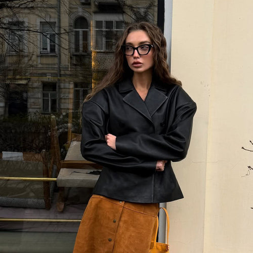 Damen Modischer Blazer-Bomber aus veganem Lederimitat mit doppeltreihiger Front Echoarchiv