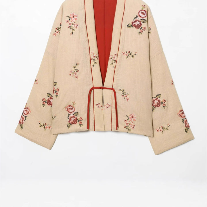 Damen bestickte Kimono-Jacke mit floraler Stickerei, Kontrastfutter und Bindegürtel – Célinea