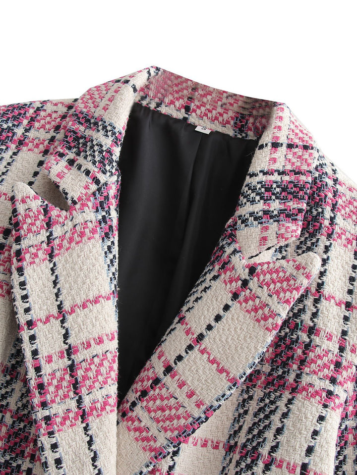 Damen Bouclé-Tweed Longblazer mit Doppelreihigem Verschluss und Pattentaschen – Célinea