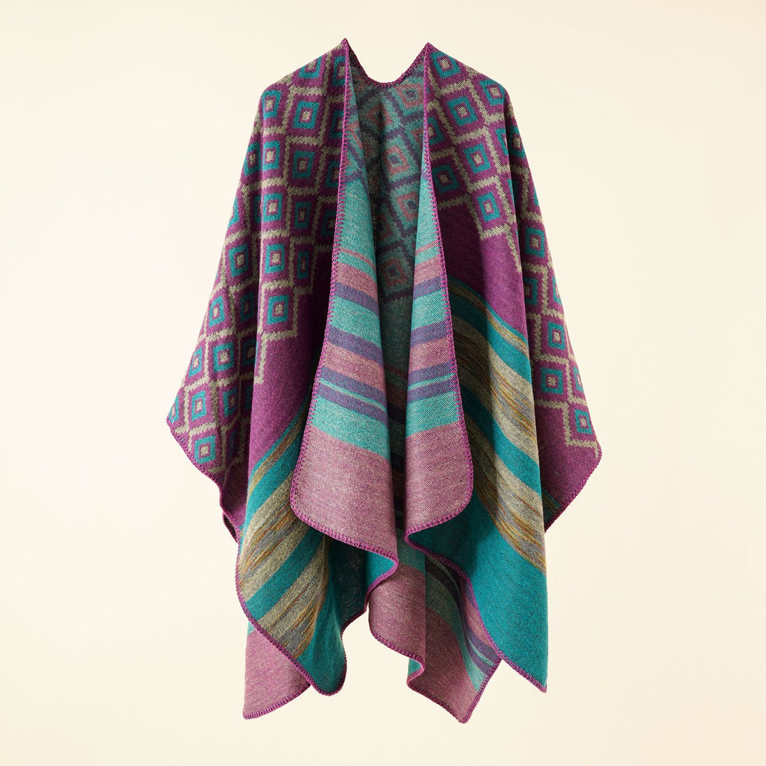 Damen Wollmix-Cape mit reversibler Double-Face-Webung und geometrischem Blockmuster – Veloura