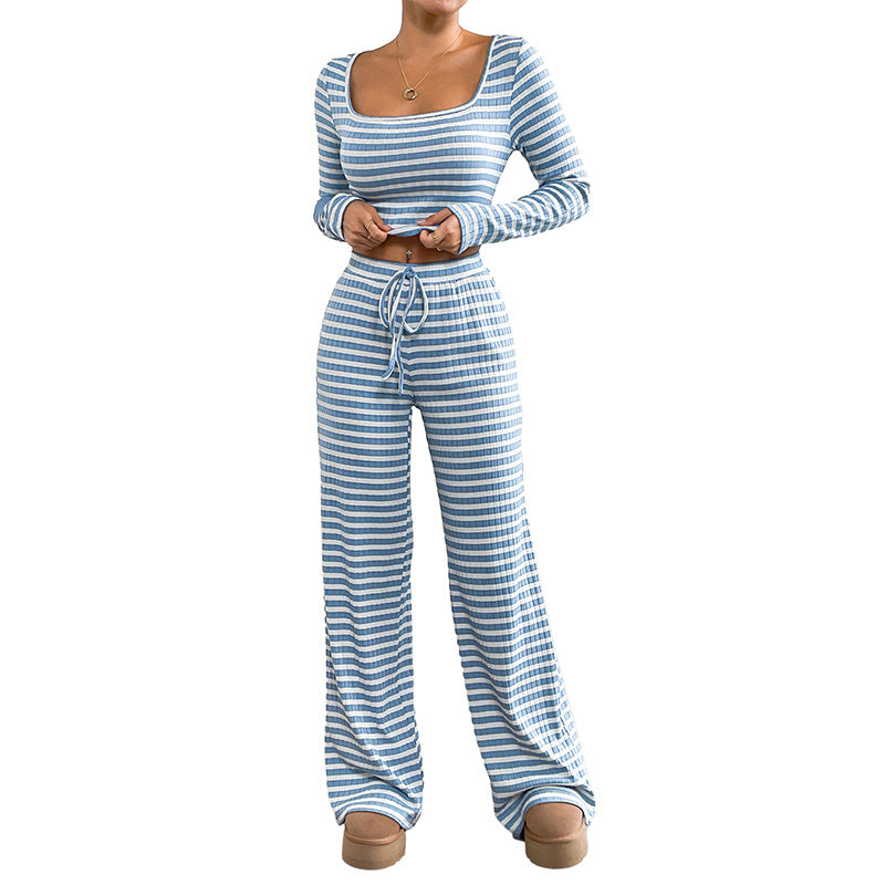 Damen Freizeitliches Zweiteiliges Set mit gestreiftem Oberteil und weitem Hose Echo Archiv