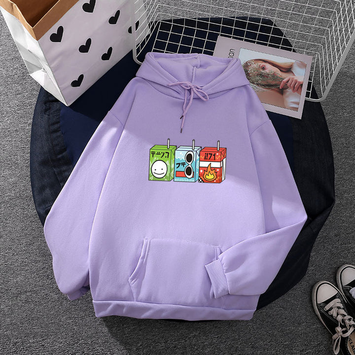 Damen oversized Kapuzenpullover mit Cartoon-Getränkekarton-Print, Kängurutasche und weichem Innenfutter – Auréline