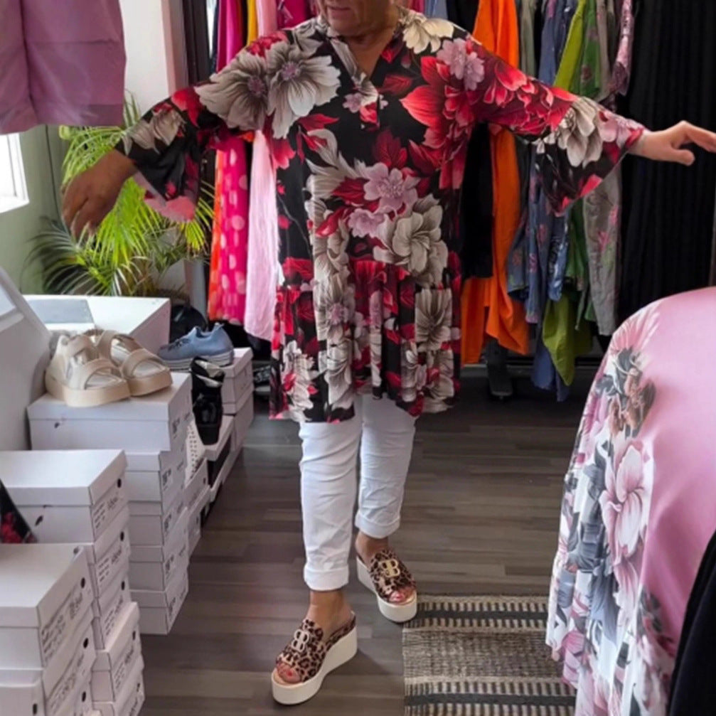 Damen nan schwingendes Tunika-Kleid im Babydoll-Stil mit V-Ausschnitt und Stufenvolants Echo Archiv