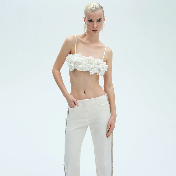 Damen elegantes Oberteil mit floralen Applikationen und schmalem Hosenanzug Echo Archiv