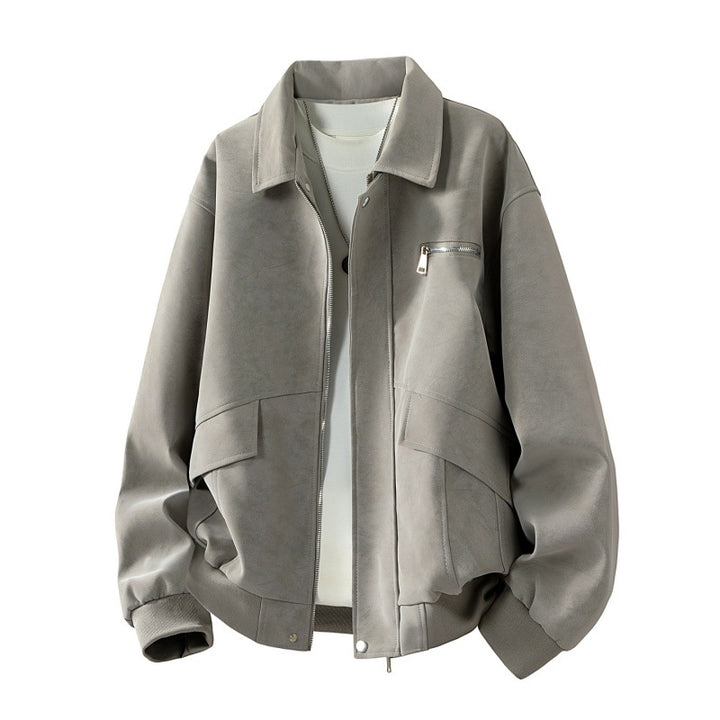 Herren Boxy-Blousonjacke im Veloursleder‑Look mit Brustreißverschluss, Pattentaschen & geripptem Saum Echoarchiv