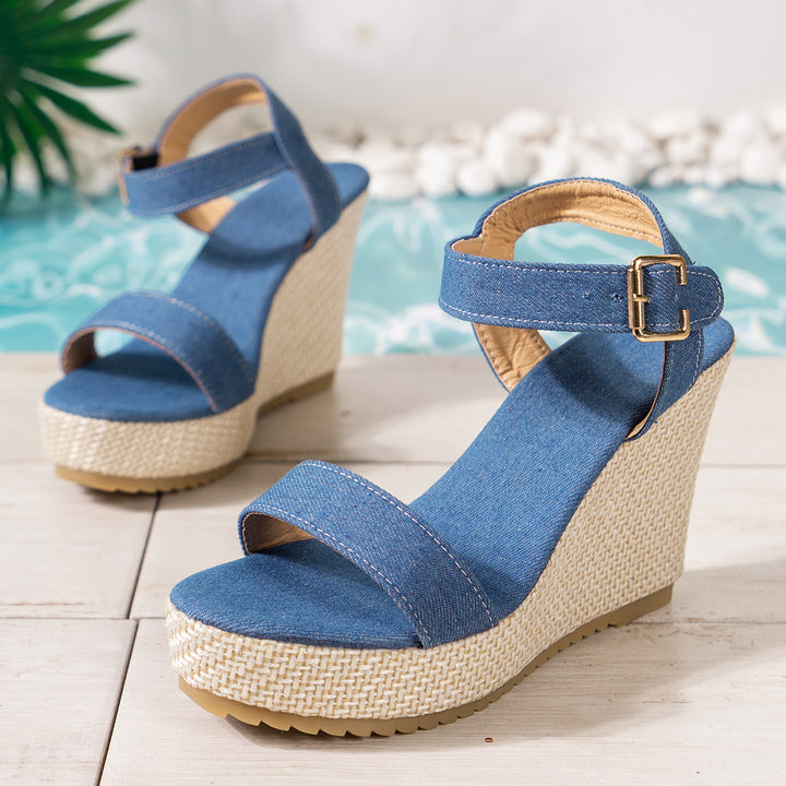 Damen nan Jeansriemen-Espadrille mit verstellbarem Knöchelriemen und geflochtenem Keilabsatz Echo Archiv