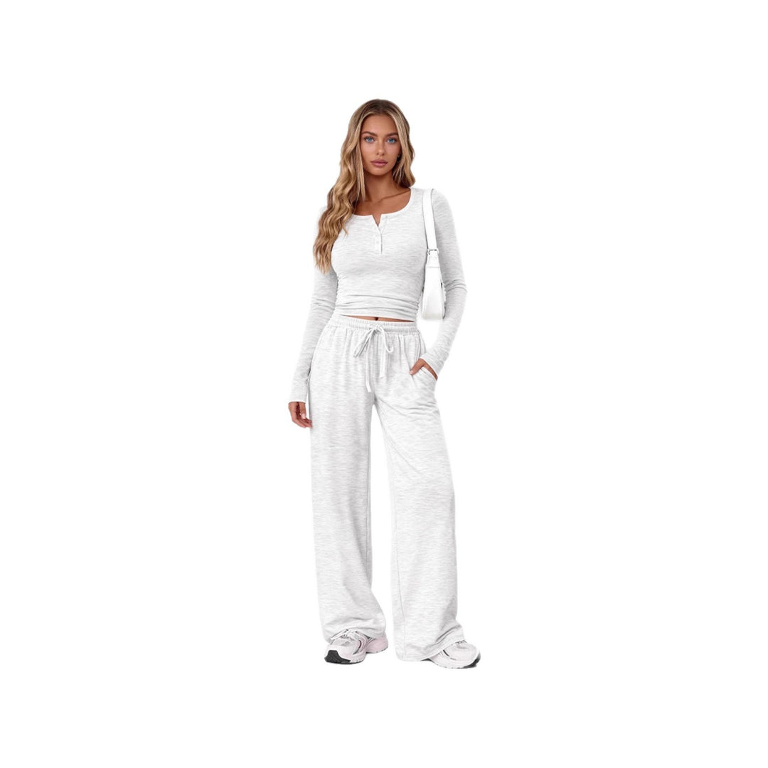 Damen Lounge-Set aus Feinstrick mit Henley-Oberteil und weiten Palazzo-Hosen – Élanora