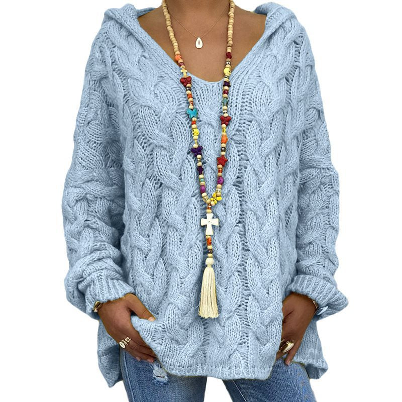 Damen Oversized Zopfmuster-Strickpullover mit Kapuze und lässigem V‑Ausschnitt Echo Archiv