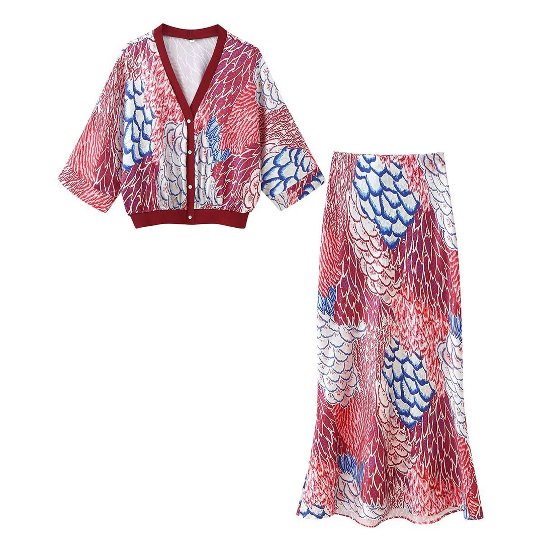 Damen Zweiteiliges Satin-Set mit floral bedruckter Kurzjacke und Bias‑Cut Midirock Echo Archiv