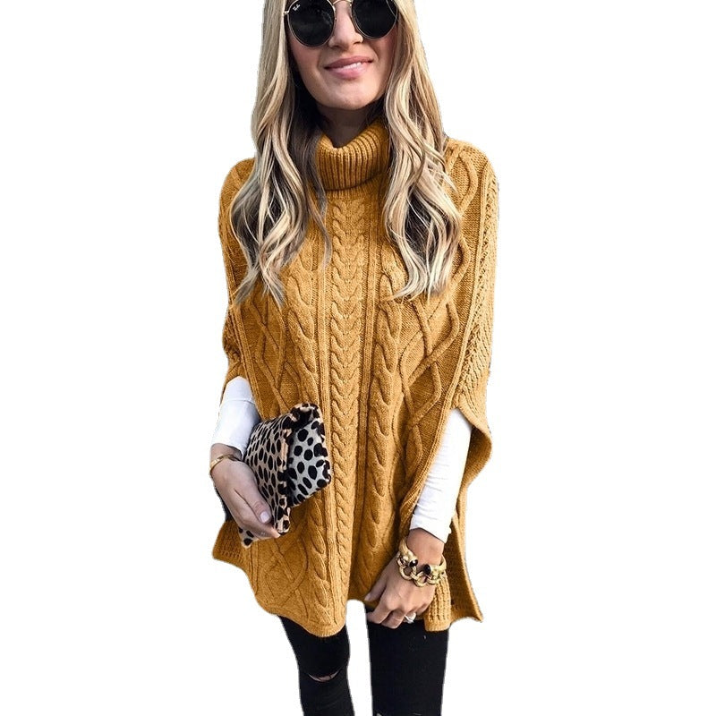 Damen nan kastiger Strickponcho mit hohem Rollkragen, Zopfstruktur und seitlichen Schlitzen Echo Archiv