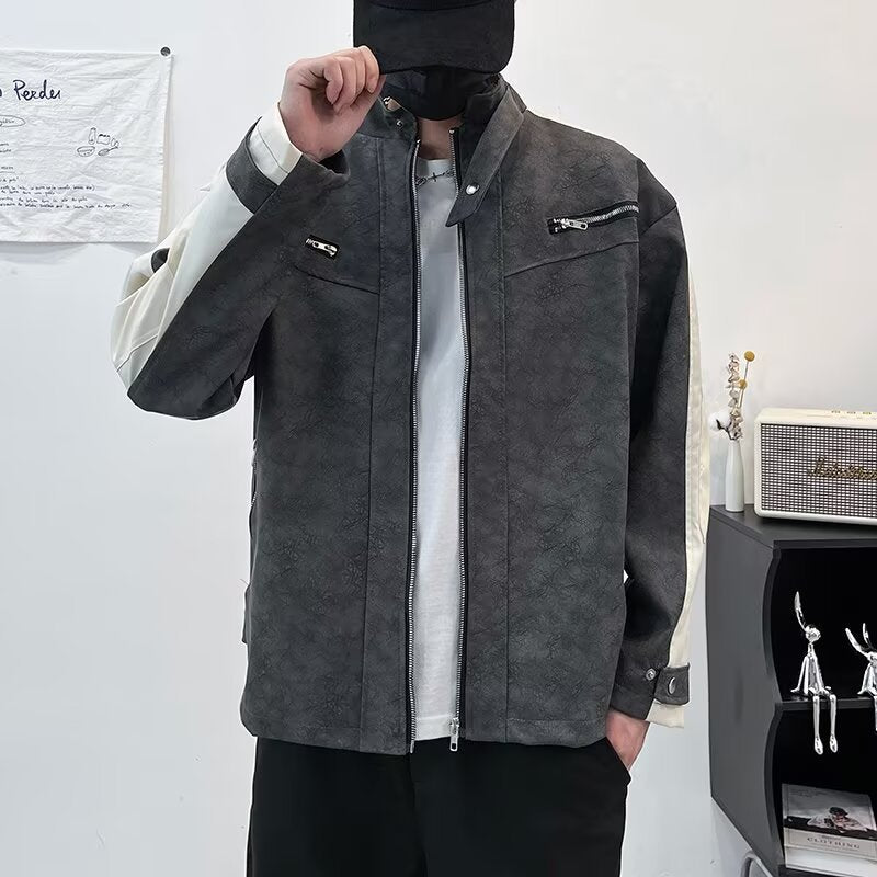 Herren Kontrastärmeliges Oversized Kunstleder-Utility-Jacke mit Stehkragen Echoarchiv