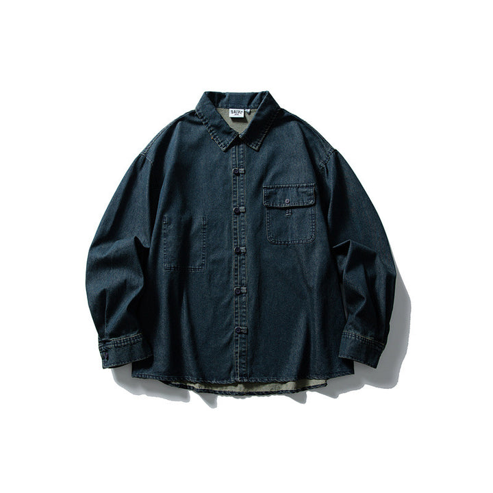 Herren Oversized Denim‑Hemdjacke mit traditionellen Knotenknöpfen Echoarchiv
