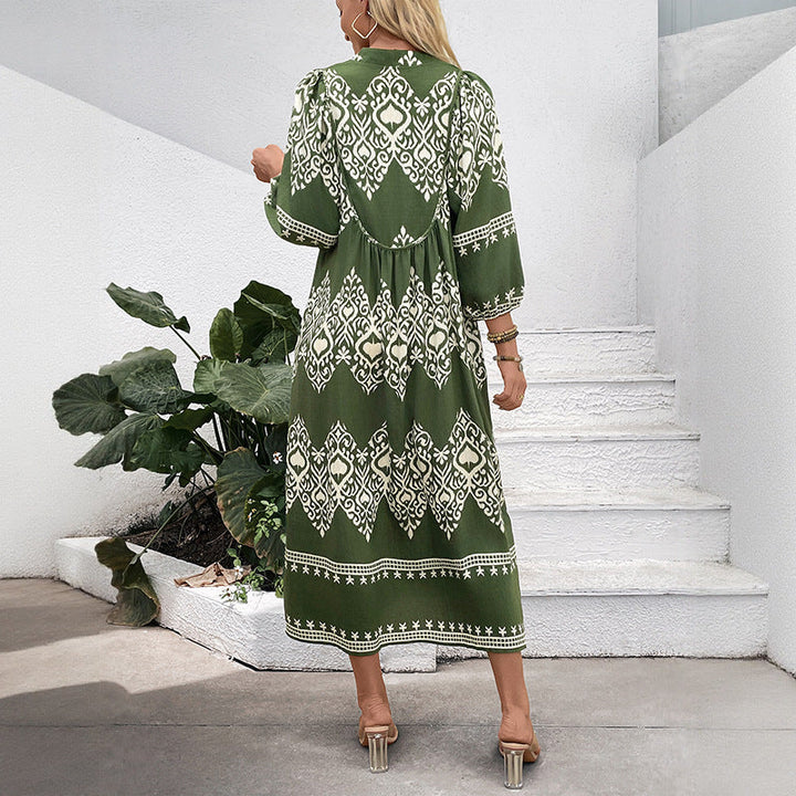 Damen Langes Boho‑Maxikleid mit lockerer A‑Linie, U‑Ausschnitt und aufgesetzten Taschen Echoarchiv