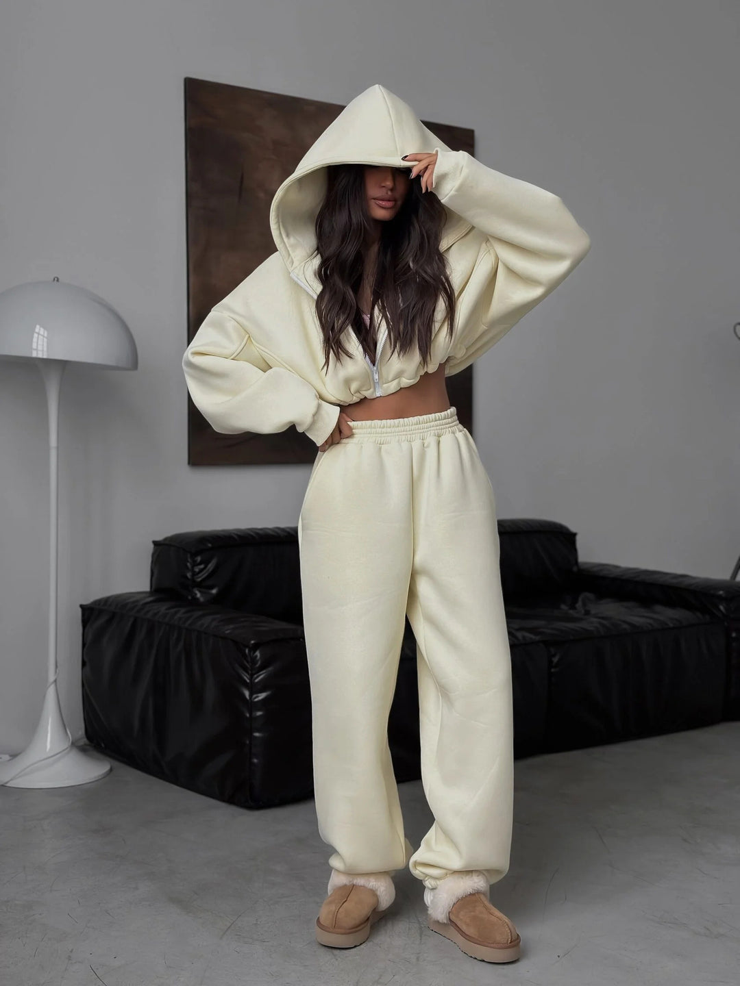 Damen kurzes Oversize-Scuba-Zip-Hoodie mit Tunnelzug und figurformender High-Waist-Jogginghose – Auréline