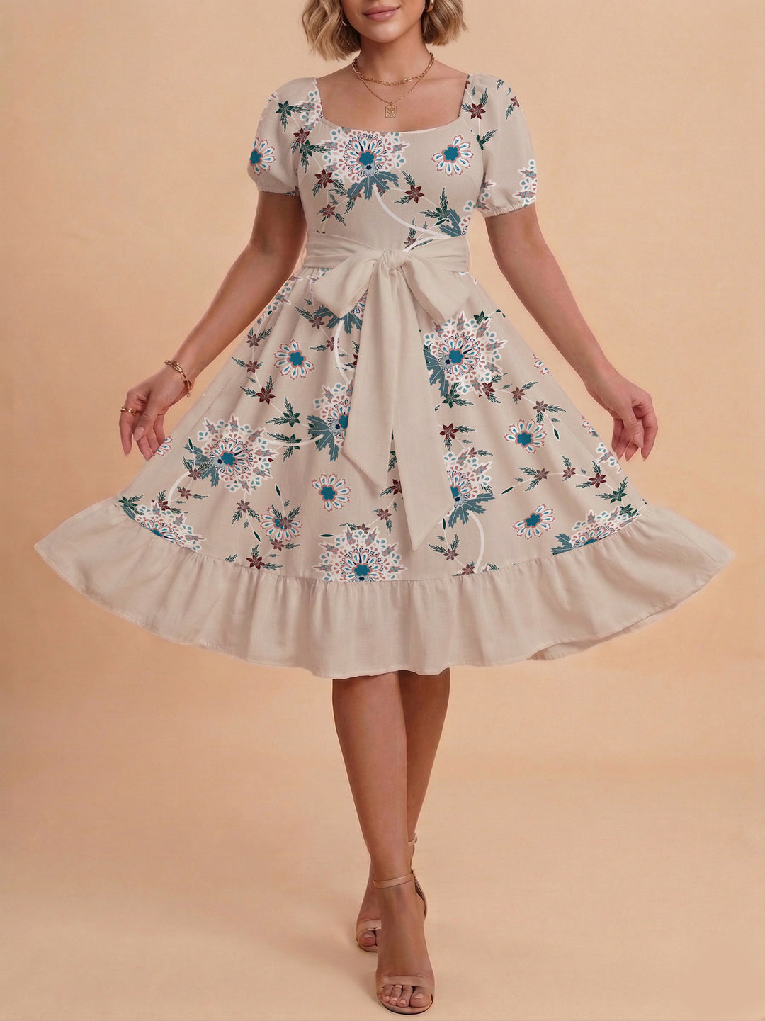 Damen Blumenkleid mit taillierbarem Gürtel und voluminösen Ärmeln Echo Archiv