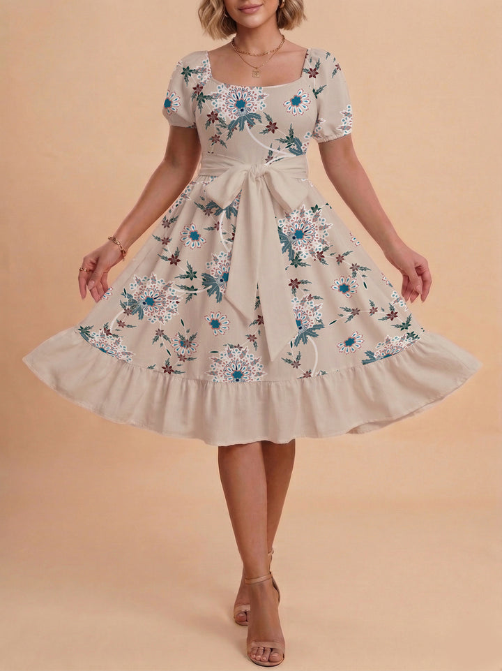 Damen Blumenkleid mit taillierbarem Gürtel und voluminösen Ärmeln Echo Archiv