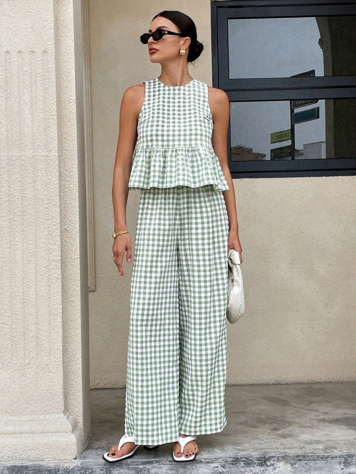 Damen Zweiteiliges Vichy-Karo-Set mit tailliertem Volanttop und weiter Palazzo-Hose Echo Archiv