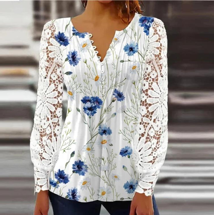 Damen Floral Viskosemischung Bluse mit Häkelärmel und V-Ausschnitt – Élovi