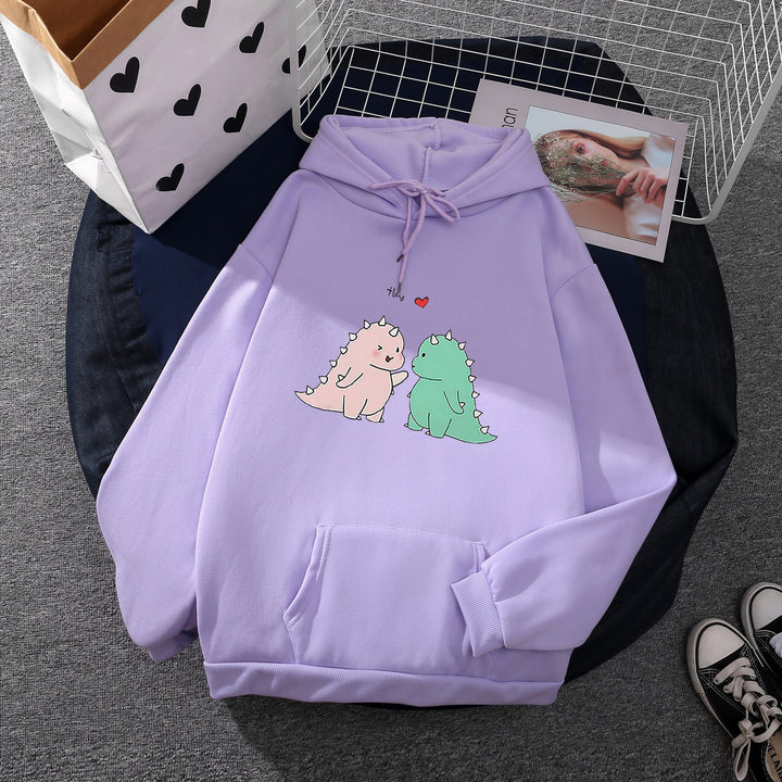 Damen Kapuzenpullover mit niedlicher Dinosaurierpärchen‑Illustration, Oversize‑Schnitt und Kängurutasche – Auréline