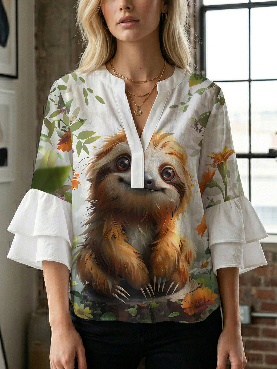 Damen Elegantes Oberteil mit voluminösen Rüchenärmeln und floralem Druck Echo Archiv