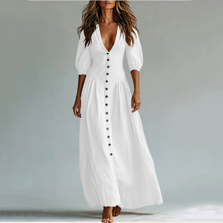 Damen Maxikleid mit tiefem V-Ausschnitt, durchgehender Knopfleiste und Ballonärmeln – Valéora