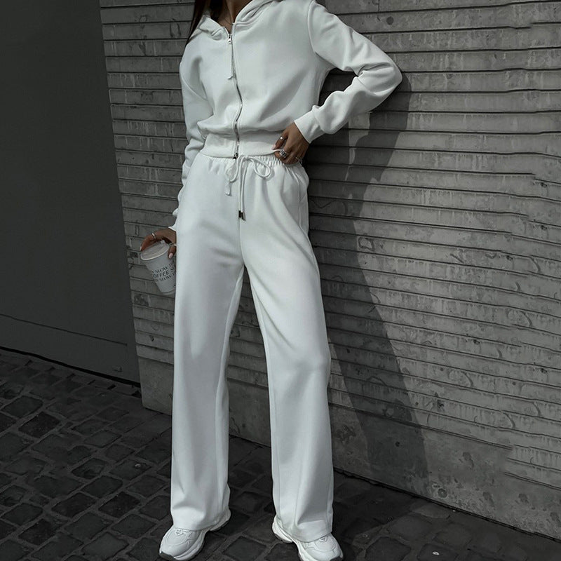 Damen Zweiteiliges Loungewear-Set mit kurzem Zip-Bomber und weiter High-Waist-Palazzohose – Élanora