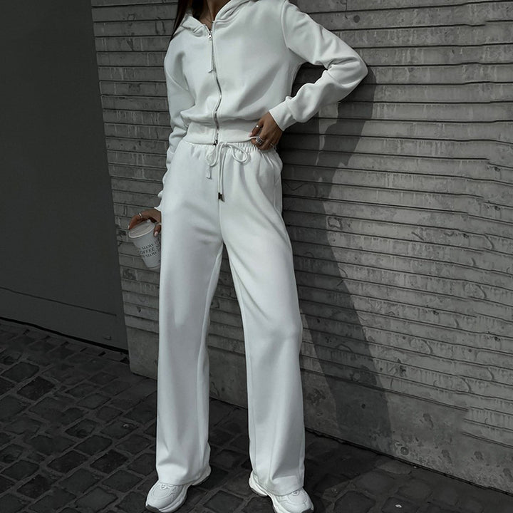 Damen Zweiteiliges Loungewear-Set mit kurzem Zip-Bomber und weiter High-Waist-Palazzohose – Élanora